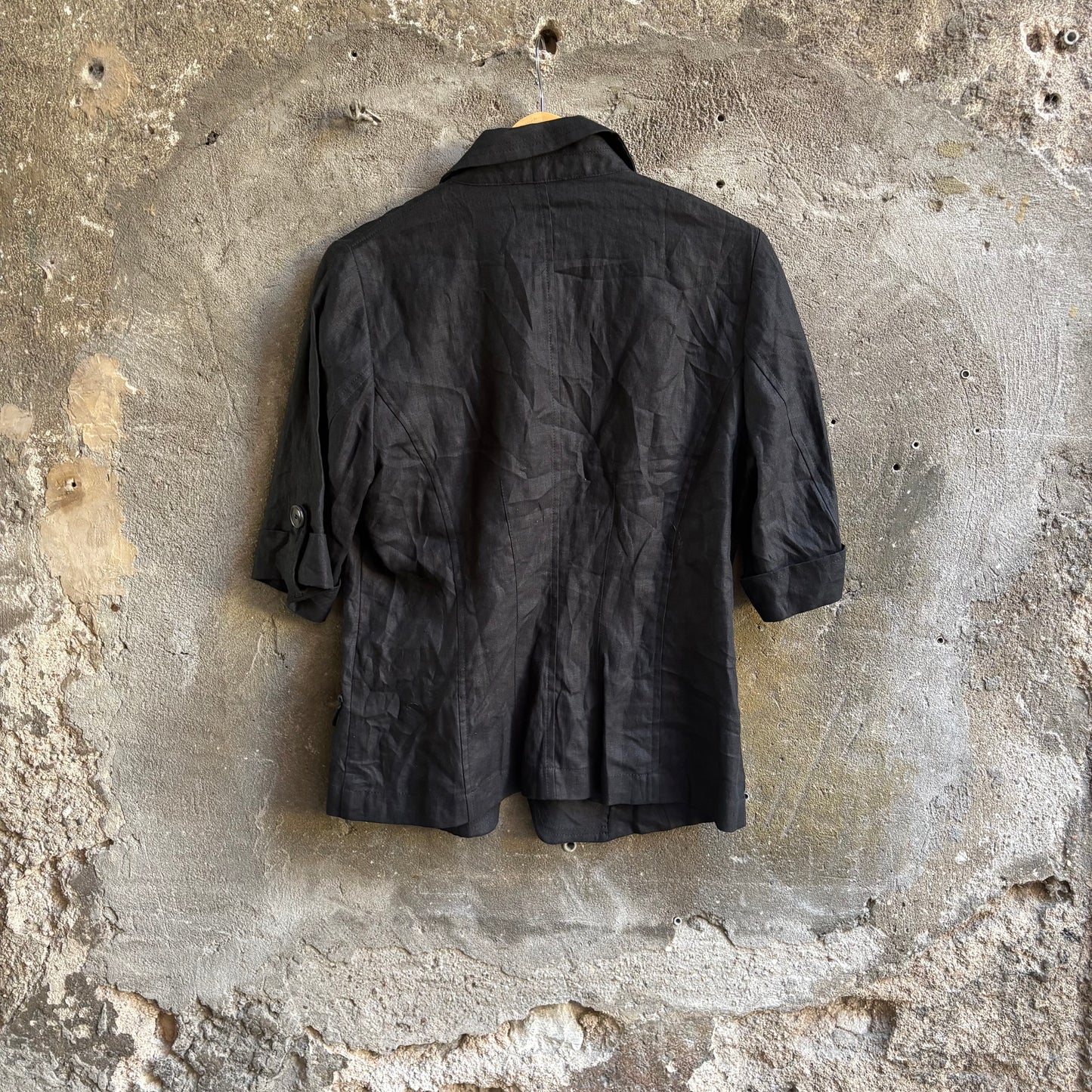 V Verse Blazer Vintage Nero Misto Lino Mezza Manica con Tasche Anni 2000