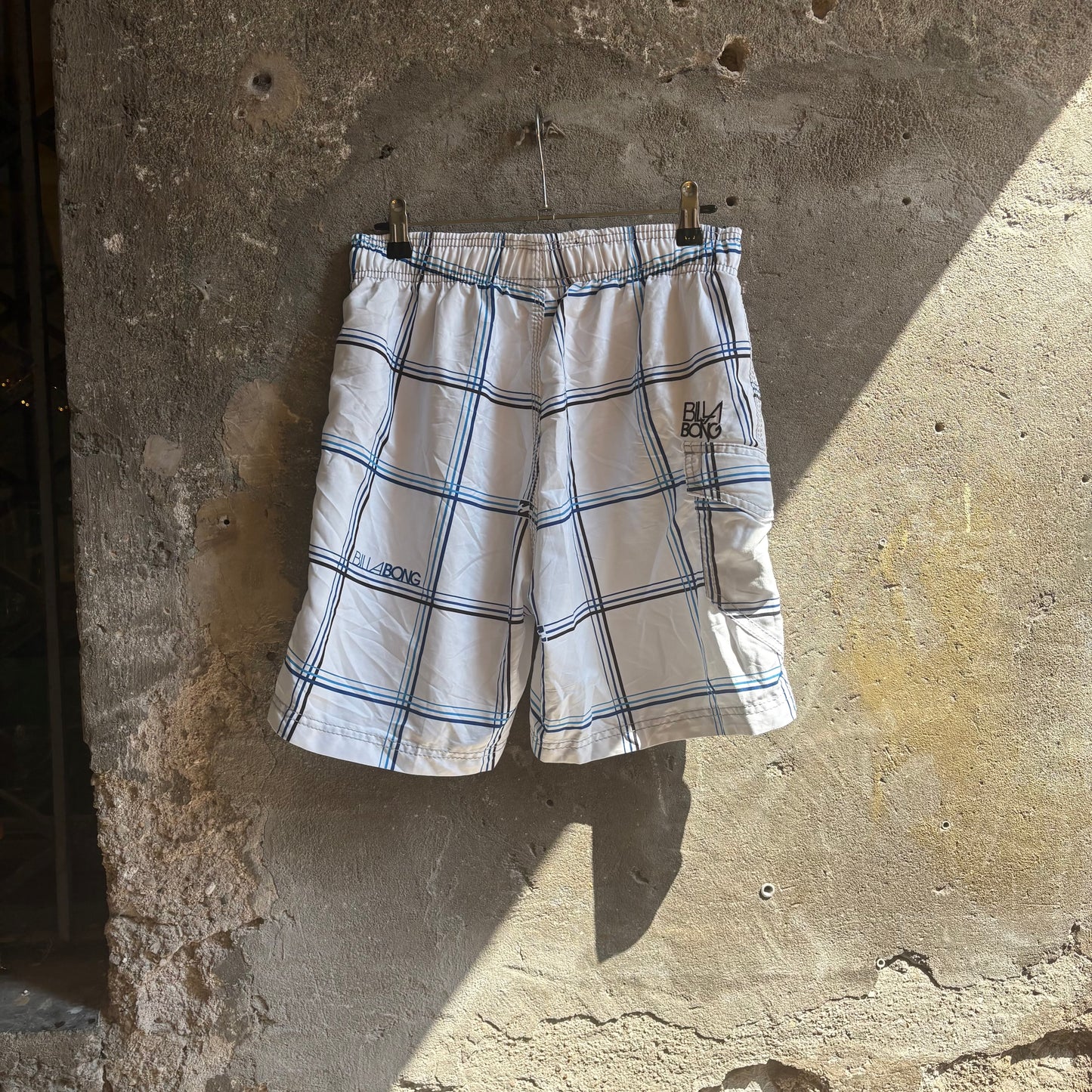 Pantaloncini Costume Billabong Vintage Bianco a Quadri Blu e Neri Anni 2000