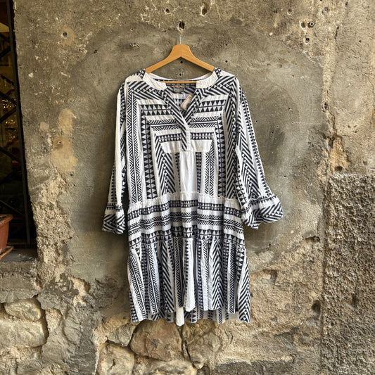 Broadway Vestito Boho Chic Bianco e Nero Geometrico XL