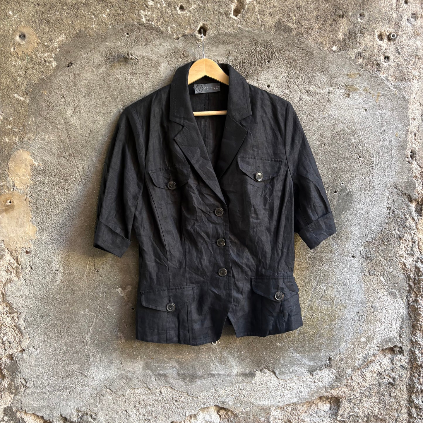 V Verse Blazer Vintage Nero Misto Lino Mezza Manica con Tasche Anni 2000