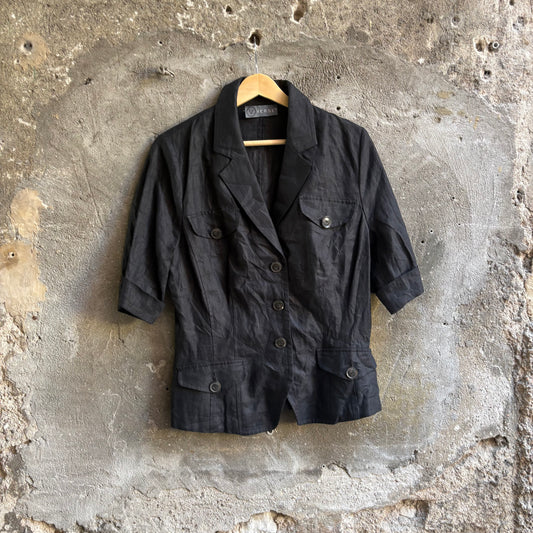 V Verse Blazer Vintage Nero Misto Lino Mezza Manica con Tasche Anni 2000