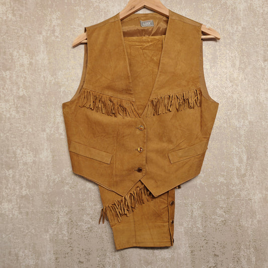 "Western/Boho chic" Egoiste - Completo Gilet e Gonna Lunga a Frange in Color Cuoio, Made in Italy taglia 42