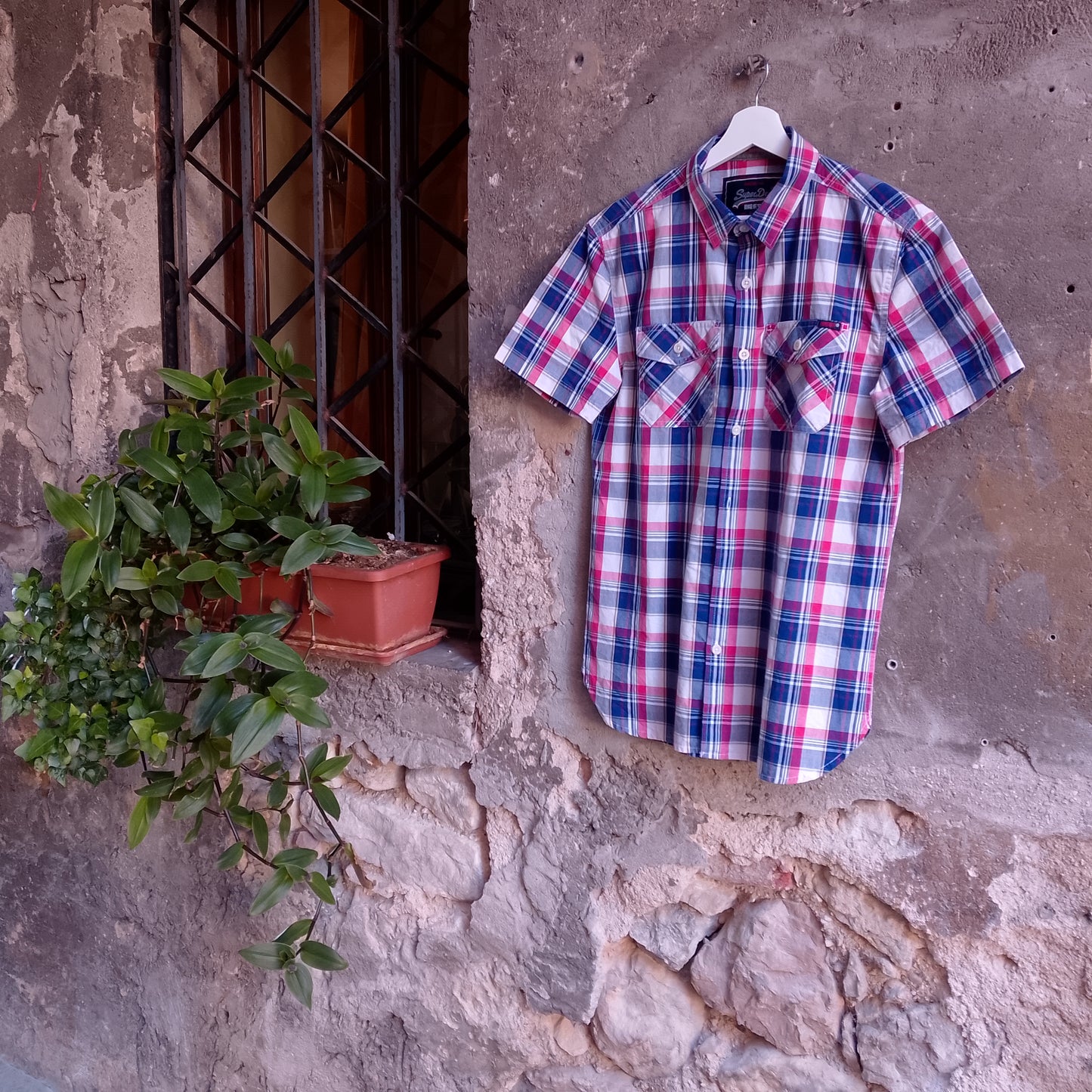 Camicia Uomo Mezza Manica Quadri Fucsia e Blu Superdry Taglia S - Vintage Ottimo Stato