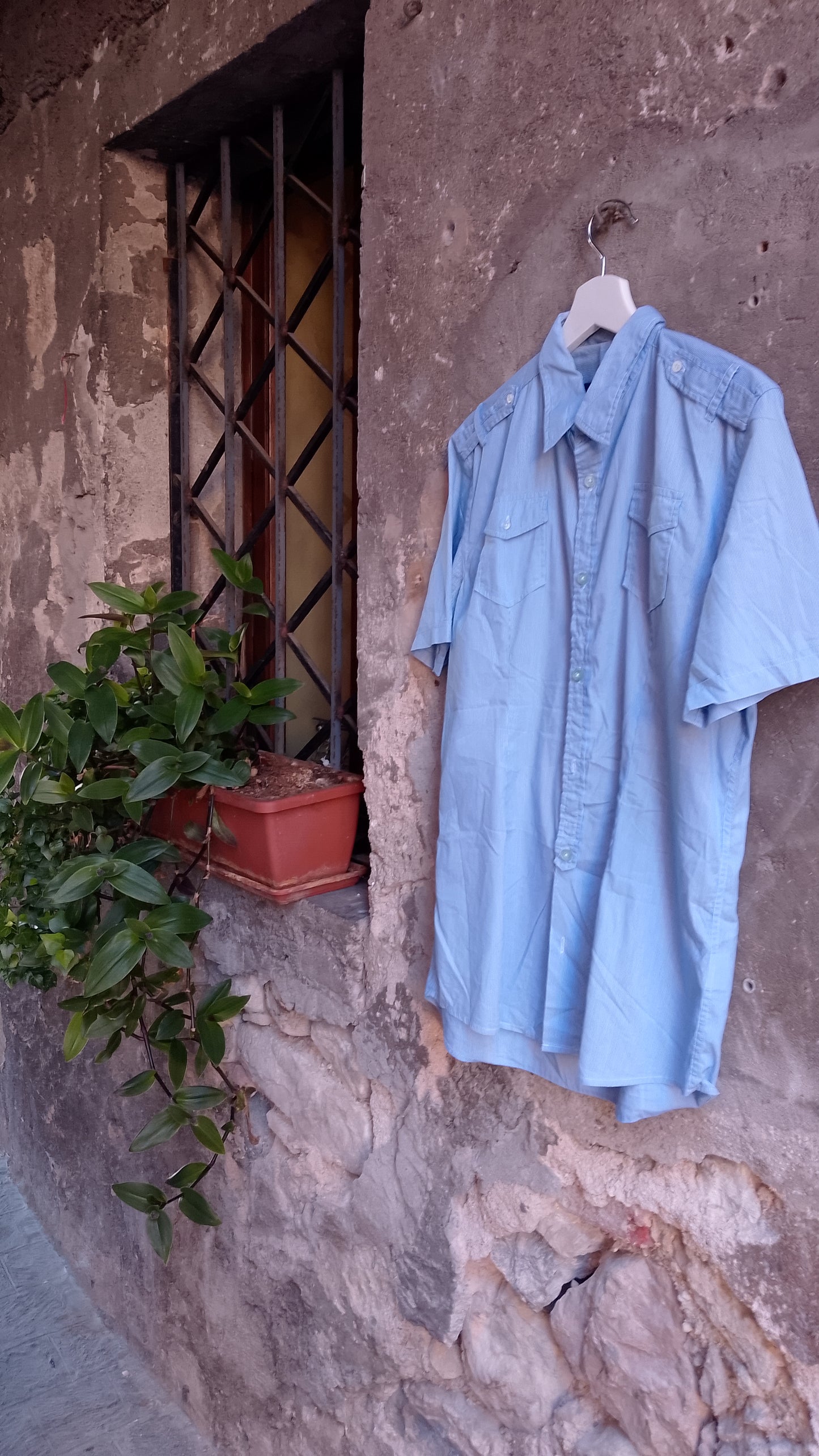 Camicia Uomo Mezza Manica Righe Azzurra e Bianca Stile Militare Taglia s - Vintage Ottimo Stato