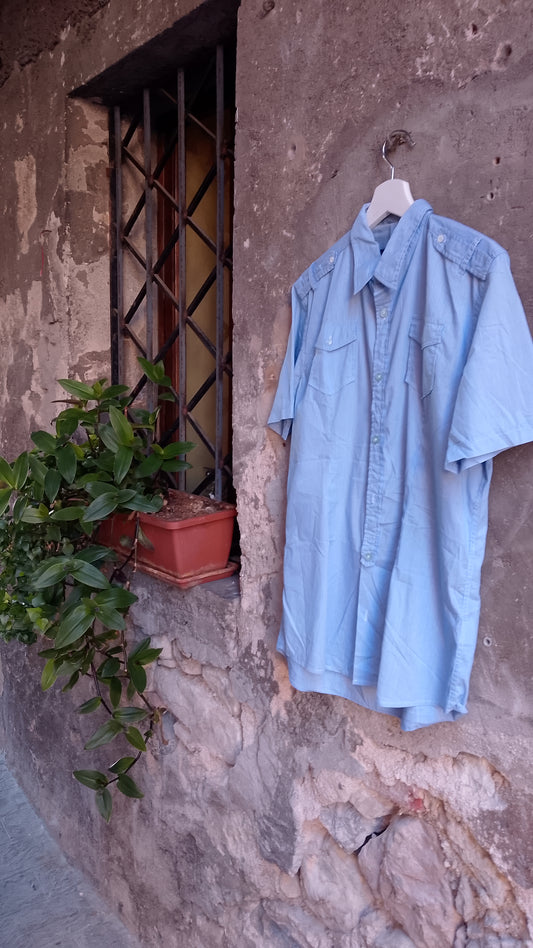Camicia Uomo Mezza Manica Righe Azzurra e Bianca Stile Militare Taglia s - Vintage Ottimo Stato