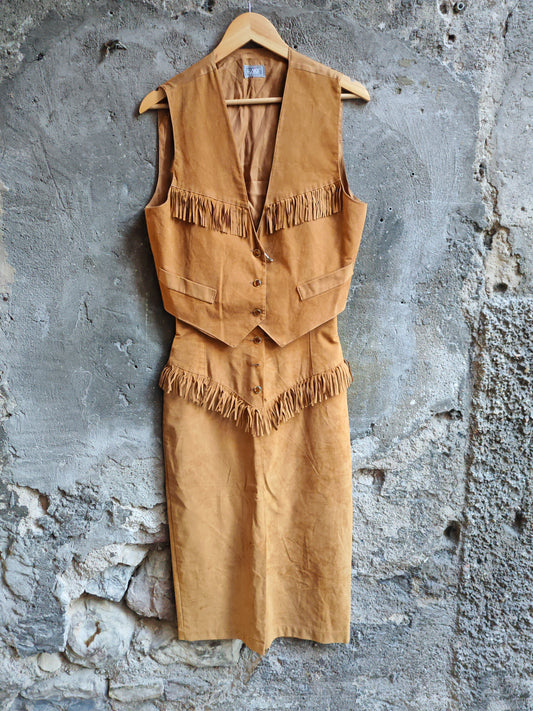 Completo Vintage Western Donna Gilet + Gonna con Frange Effetto Camoscio Beige