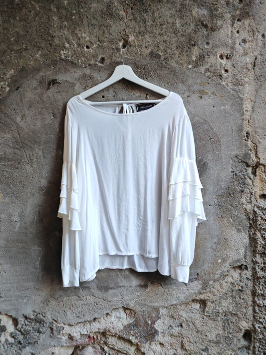 Blusa Vintage Amatrichi Donna Bianca in Viscosa con Maniche Volant Taglia M