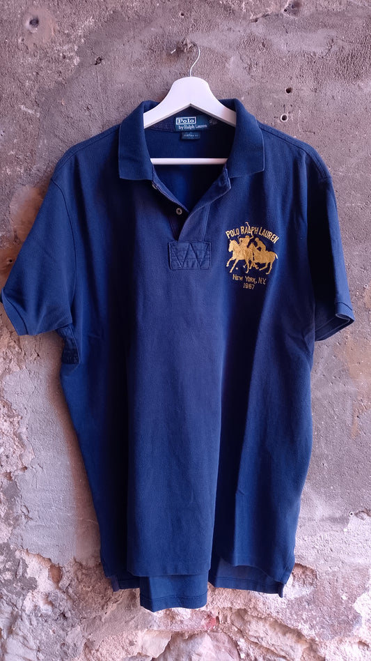 Polo Uomo Ralph Lauren Blu Navy Custom Fit Maxi Logo Ricamato Oro New York 1967 Taglia XL