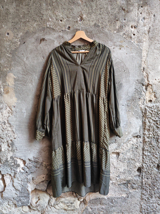 Abito Vintage ONLY Donna Fantasia Geometrica Boho Verde Oliva Taglia 38