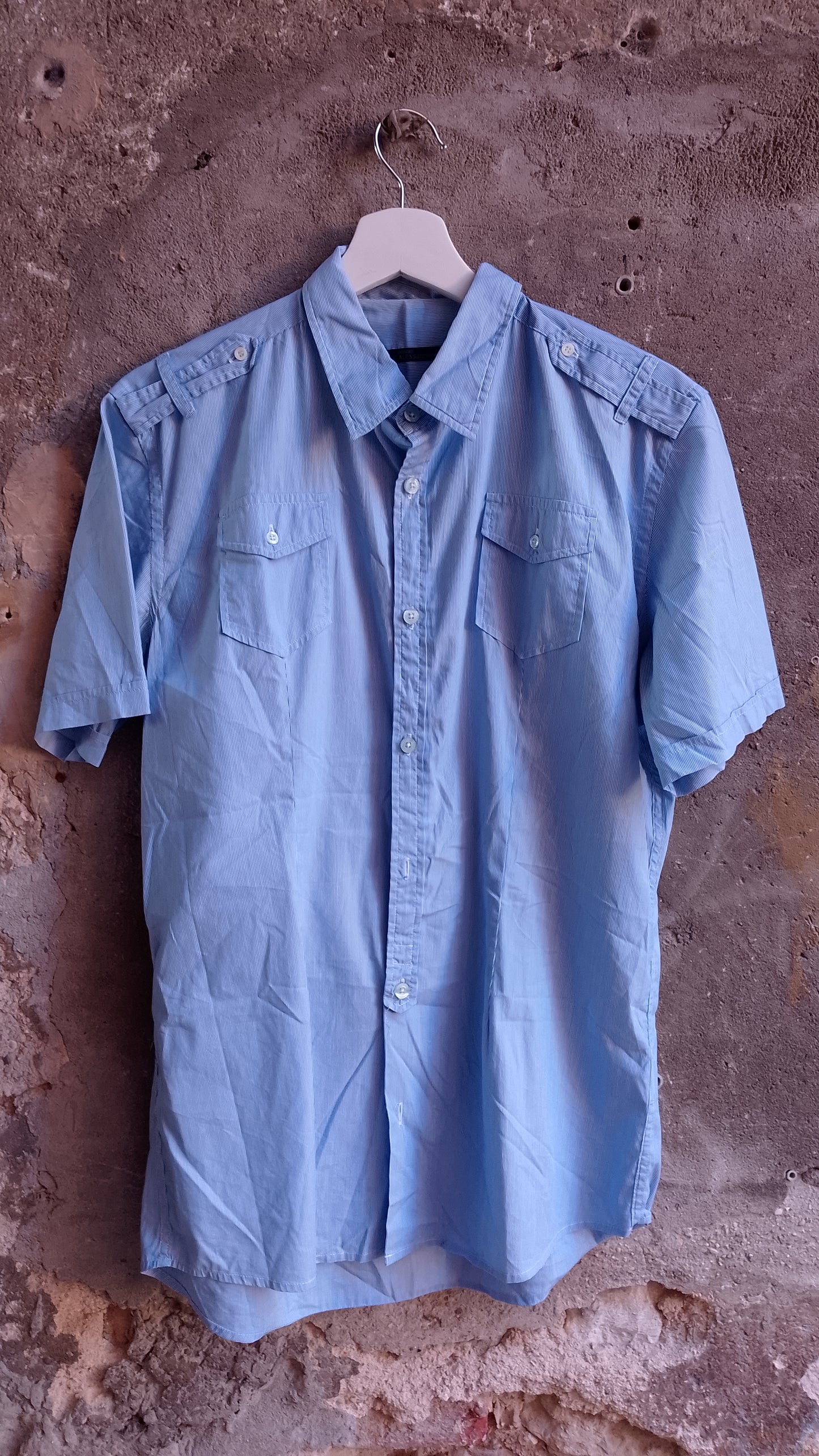 Camicia Uomo Mezza Manica Righe Azzurra e Bianca Stile Militare Taglia s - Vintage Ottimo Stato