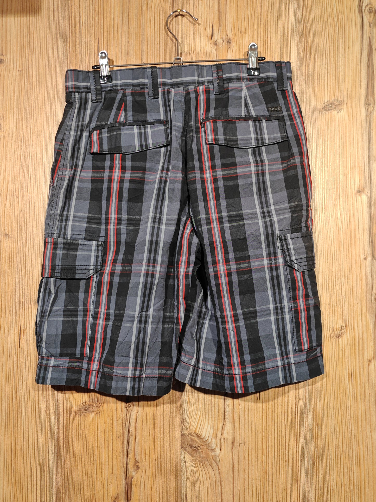 Bermuda Cargo Izod Scozzese Grigio Nero Rosso Uomo Taglia 30 Vintage