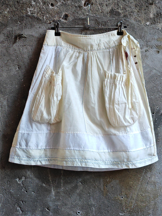 Gonna Donna Vintage Bianca Patchwork con Tasche Utility e Ricami Floreali