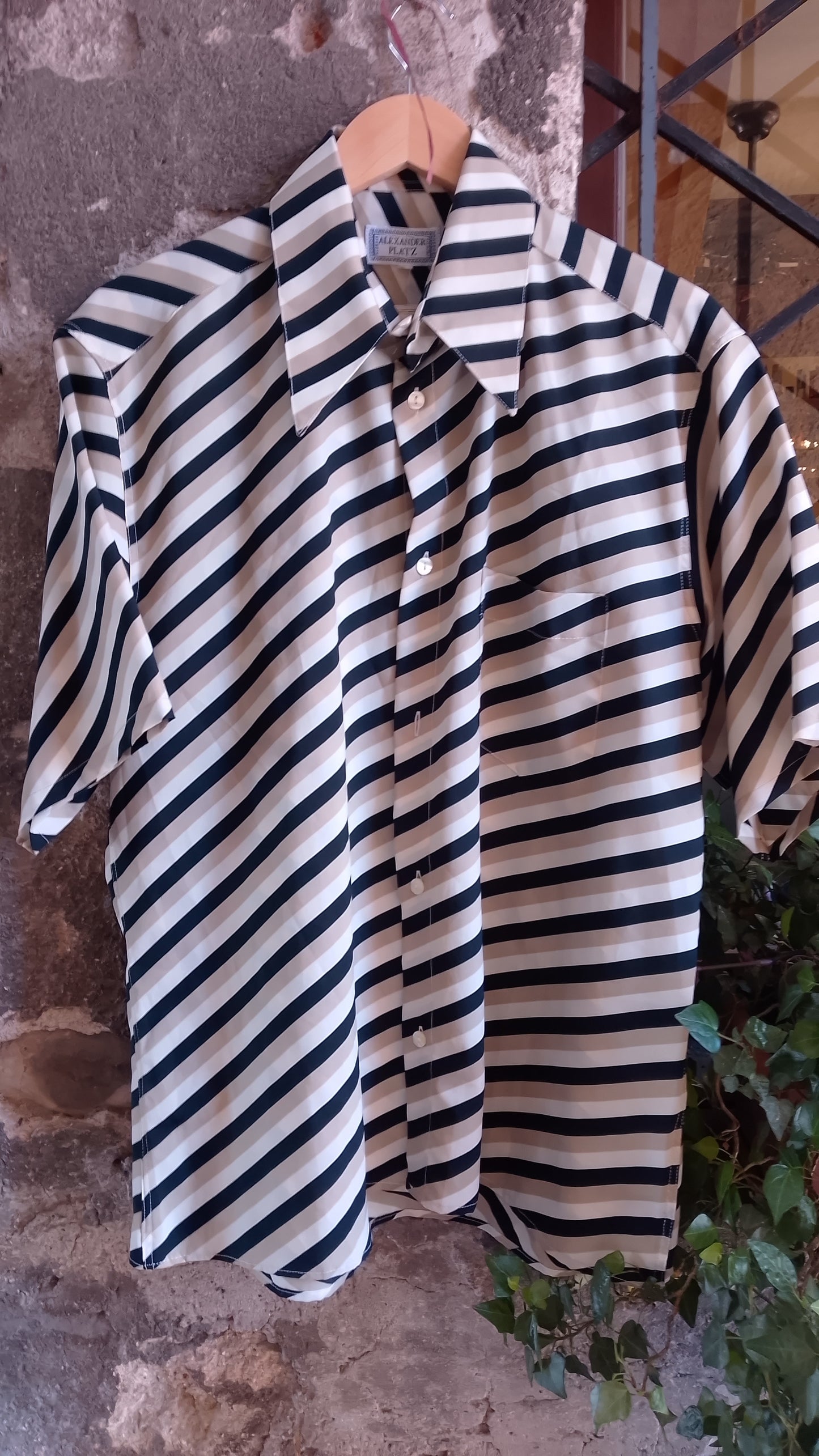 Camicia Uomo Mezza Manica Vintage Anni 70 Alexander Platz Righe Optical Nero Beige Made in Italy Taglia L