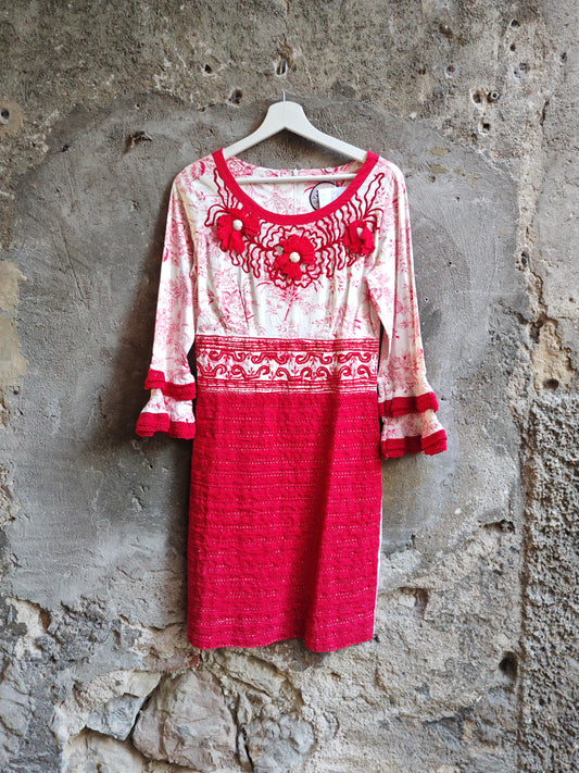 Abito Donna Almatrichi Madrid Rosa e Bianco Ricamato Boho Chic Taglia 38