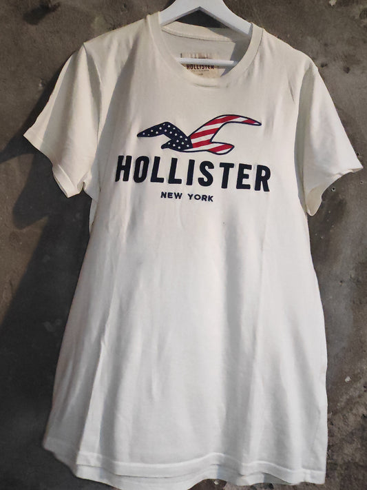 T-Shirt Hollister Bianca con Logo Gabbiano Bandiera Americana - Taglia M