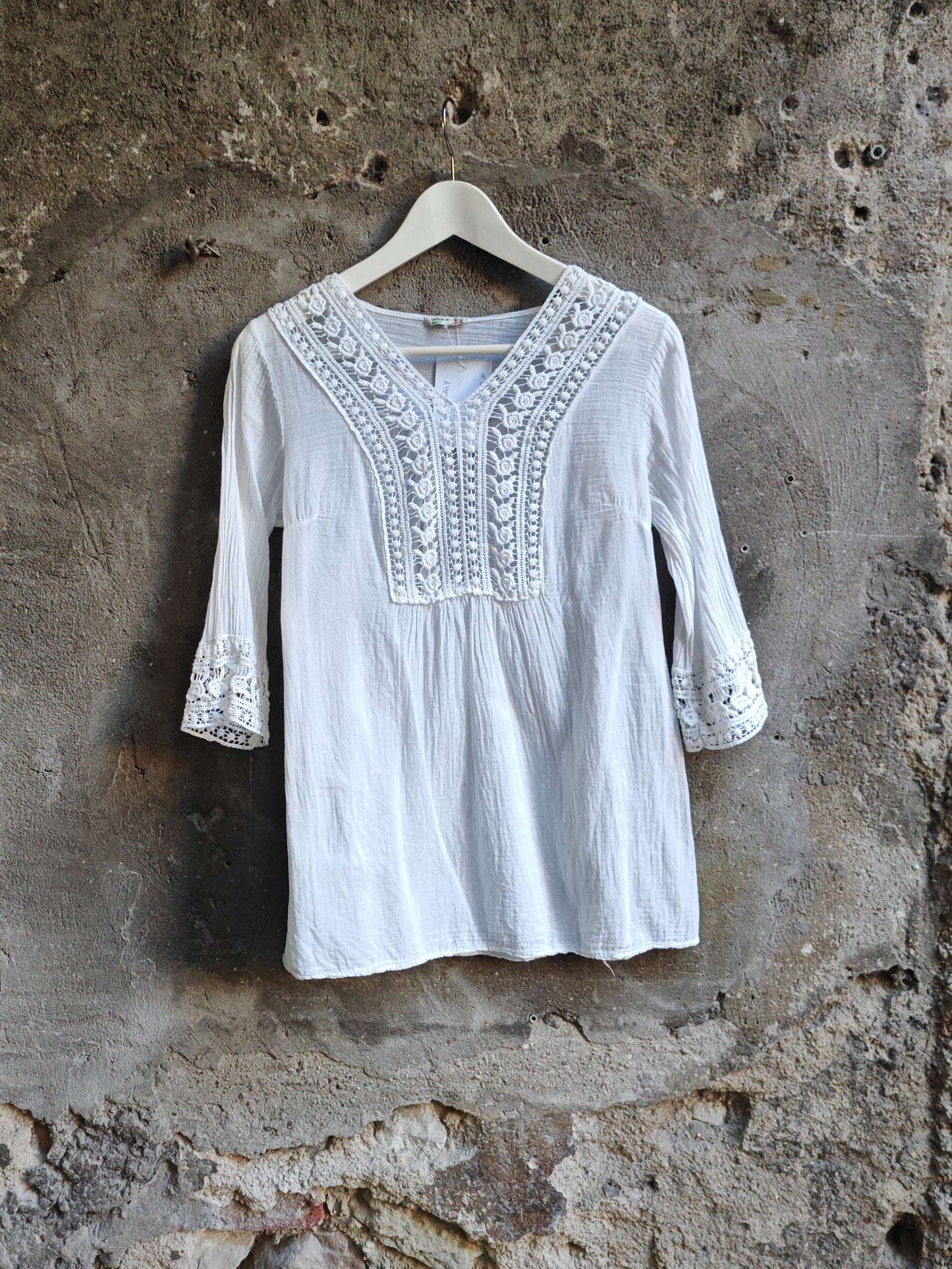 Blusa Vintage Made in Italy Bianca in Garza con Pizzo Sangallo Taglia S/M