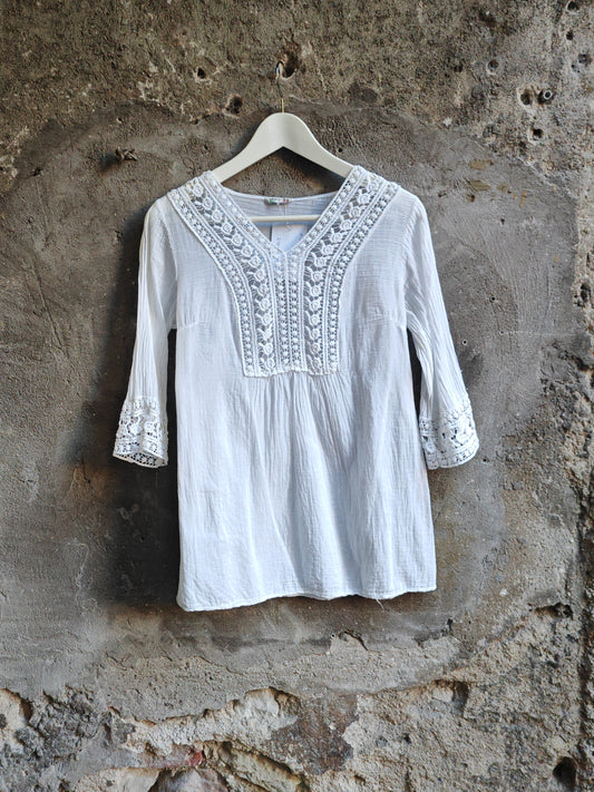 Blusa Vintage Made in Italy Bianca in Garza con Pizzo Sangallo Taglia S/M