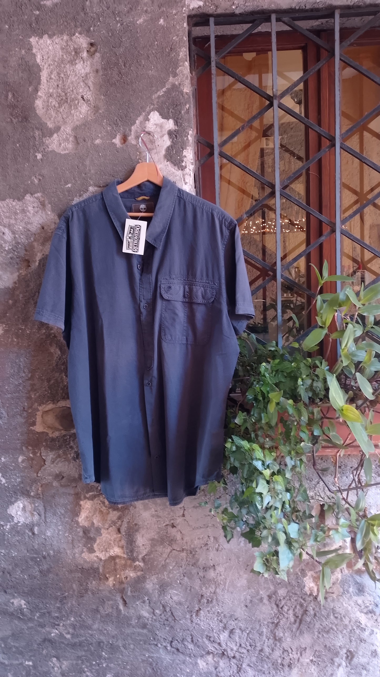 Camicia Uomo Mezza Manica Timberland Micro Quadretti Blu Navy Taschino Logo Ricamato Casual Taglia 3XL Slim Fit