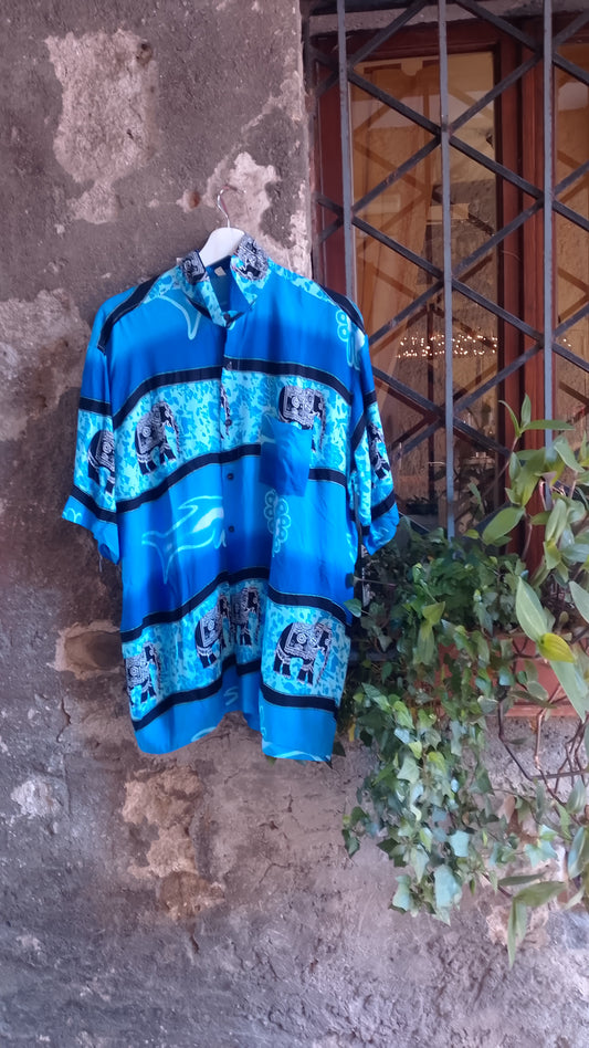 Camicia Uomo Etnica Vintage Coreana Stampa Elefanti Batik Blu Elettrico Azzurra Festival Taglia XXL