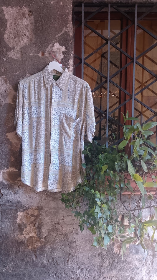 Camicia Uomo Mezza Manica Viscosa Vintage Green Leaves Patchwork Floreale Beige Taglia M - Ottimo Stato
