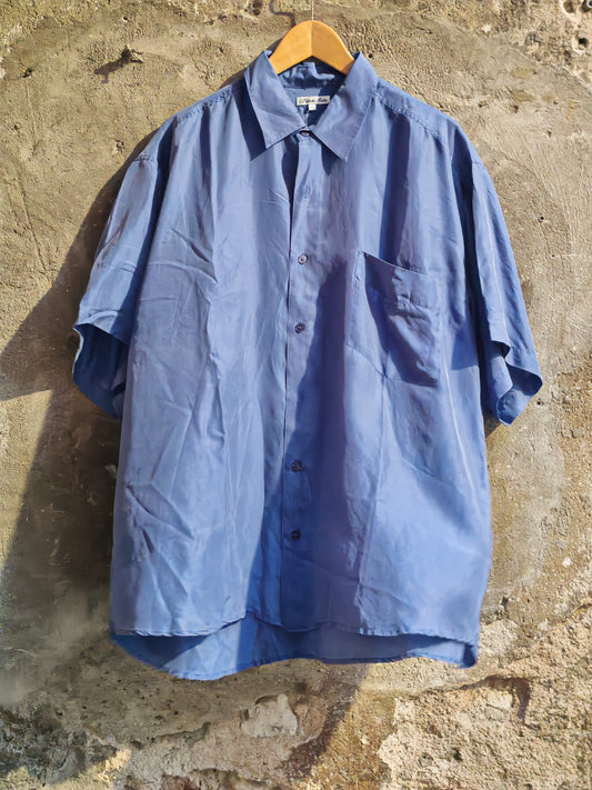 Camicia Vintage Pura Seta Blu Uomo Taglia XL Anni '90