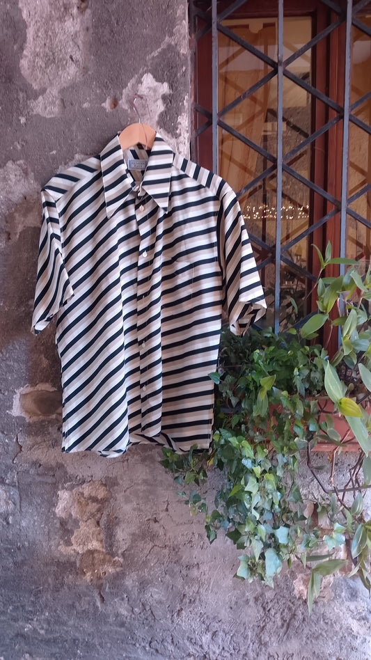 Camicia Uomo Mezza Manica Vintage Anni 70 Alexander Platz Righe Optical Nero Beige Made in Italy Taglia L