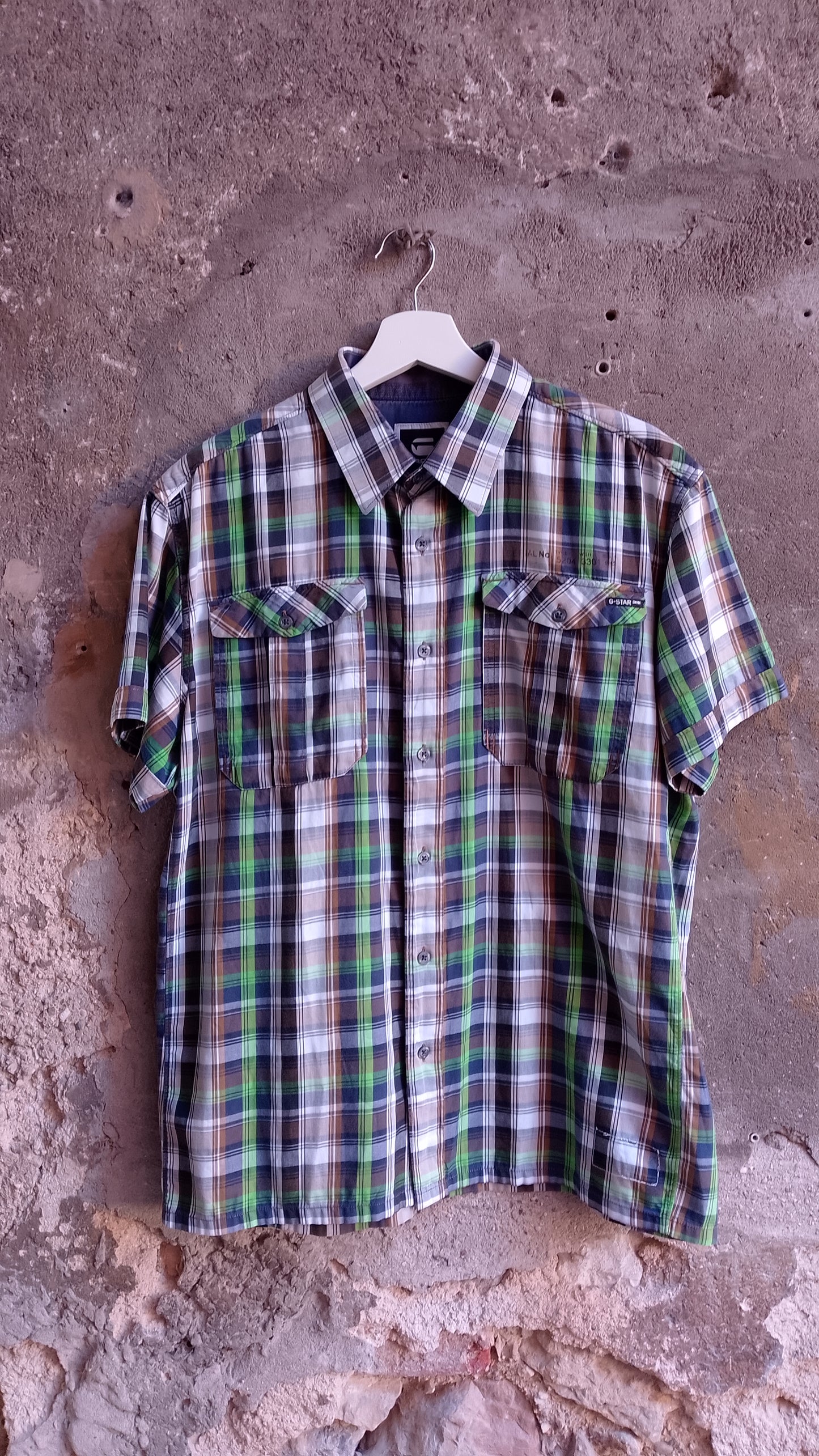 Camicia Uomo Mezza Manica Quadri G-STAR RAW Verde e Marrone Taglia XL - Vintage Ottimo Stato