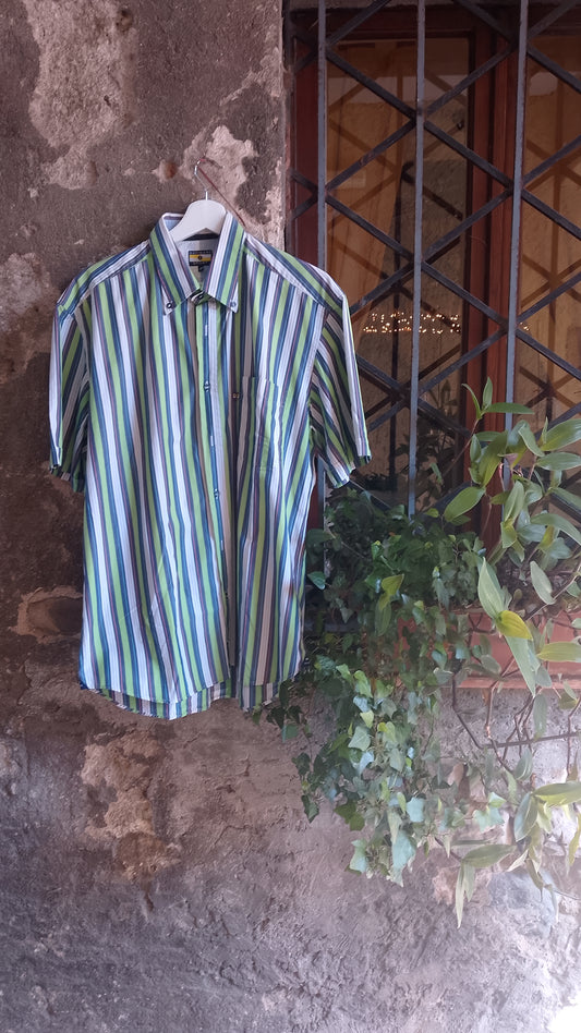 Camicia Uomo Mezza Manica Righe Multicolor Navigare Sport Button-Down Taglia L - Vintage Cotone 100%