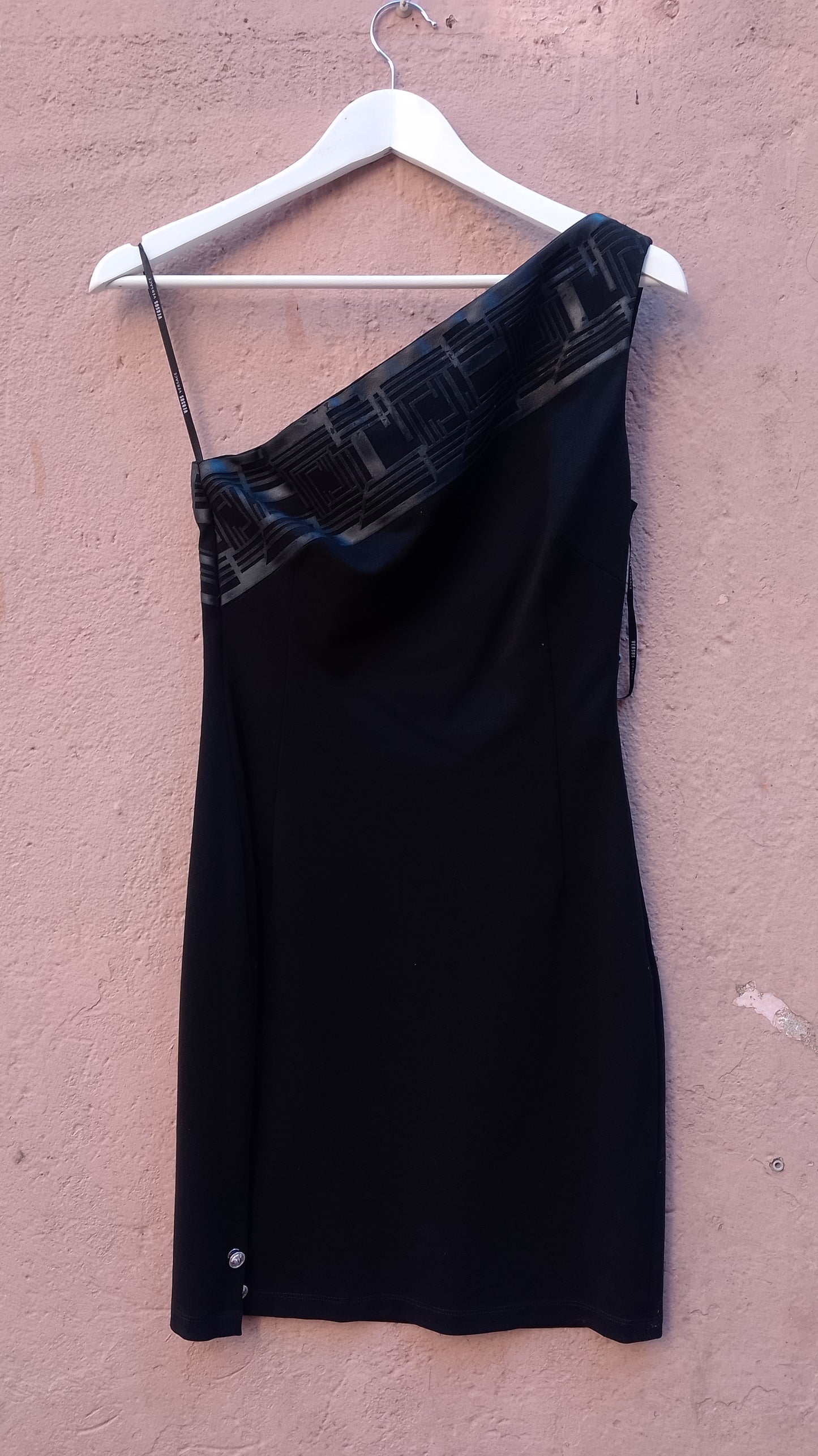 Abito Monospalla Nero Versus Versace Vintage Mini Vestito Cocktail con Dettaglio Greca