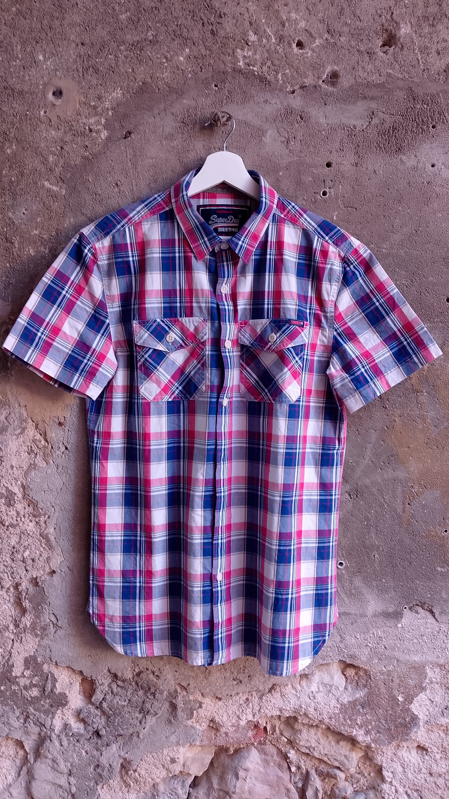 Camicia Uomo Mezza Manica Quadri Fucsia e Blu Superdry Taglia S - Vintage Ottimo Stato
