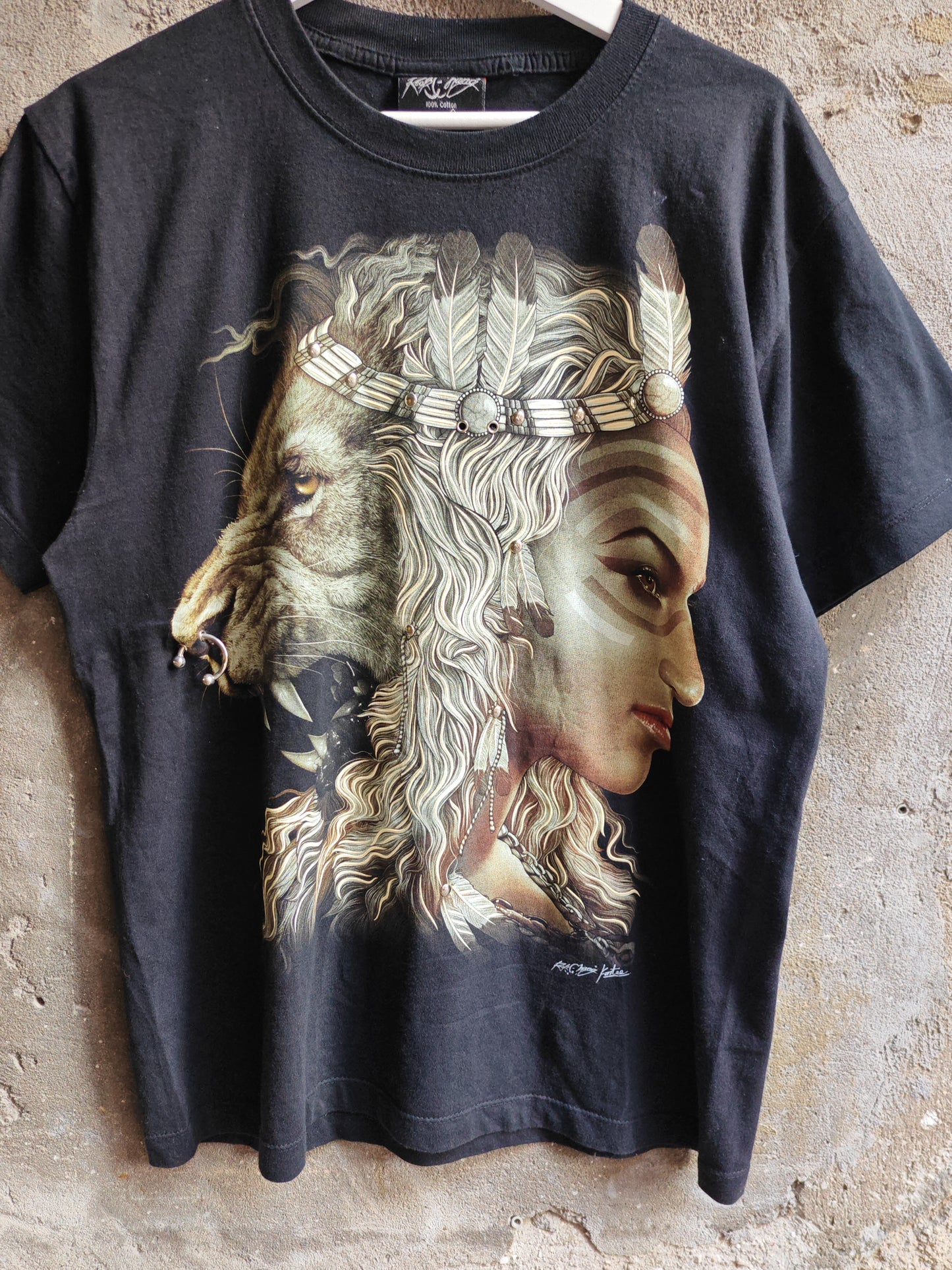 Native Spirit Lion Warrior Double Print T-Shirt Black M