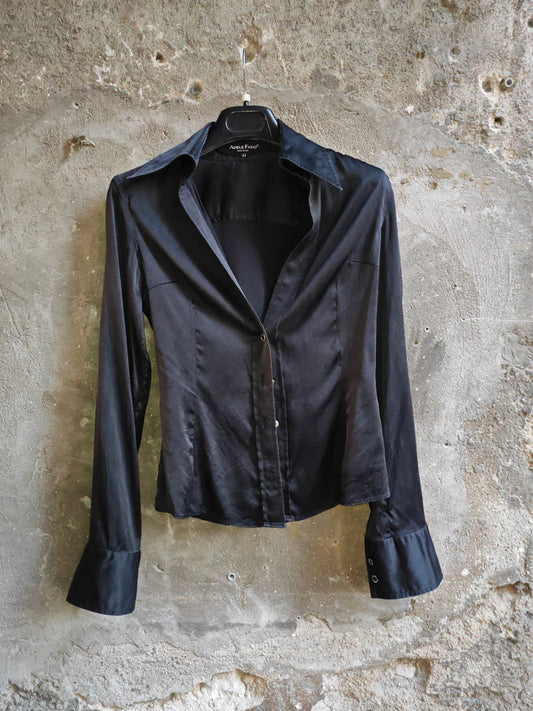 Camicia Nera Satinata Donna Adele Fado Made in Italy Taglia 42 Vintage