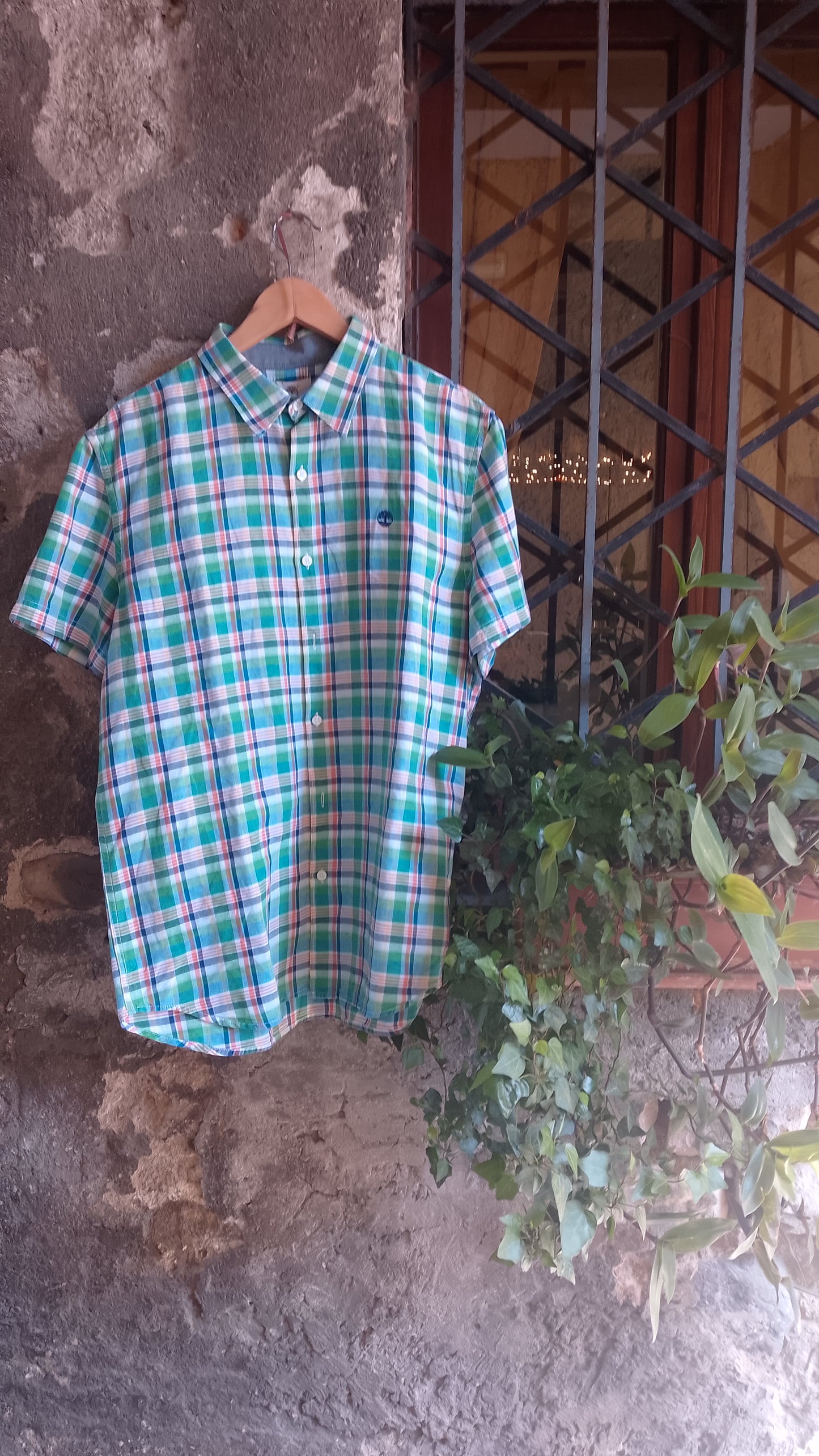 Camicia Uomo Mezza Manica Misto Lino Quadri Verde Timberland Slim Fit Taglia XL - Vintage Ottimo Stato