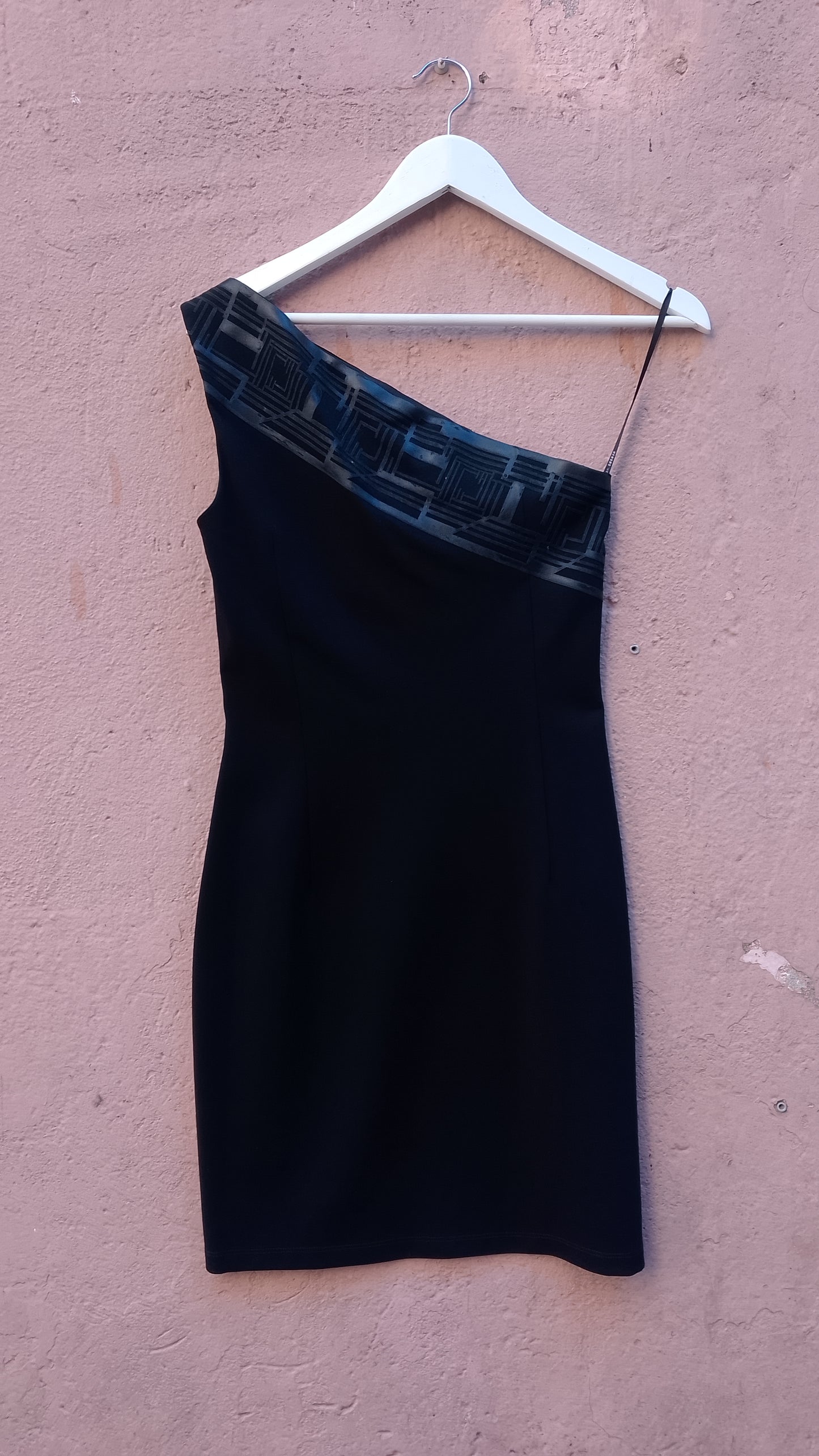 Abito Monospalla Nero Versus Versace Vintage Mini Vestito Cocktail con Dettaglio Greca