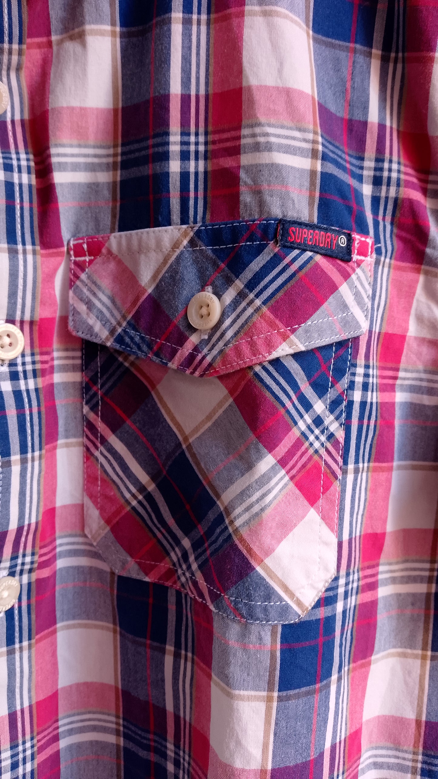 Camicia Uomo Mezza Manica Quadri Fucsia e Blu Superdry Taglia S - Vintage Ottimo Stato