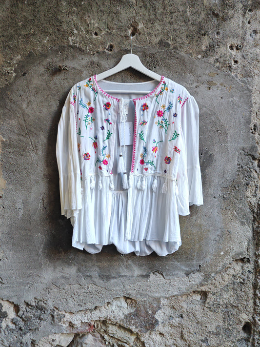 Blusa Boho Ricamata Calliope Bianca con Ricami Floreali Multicolor Taglia M