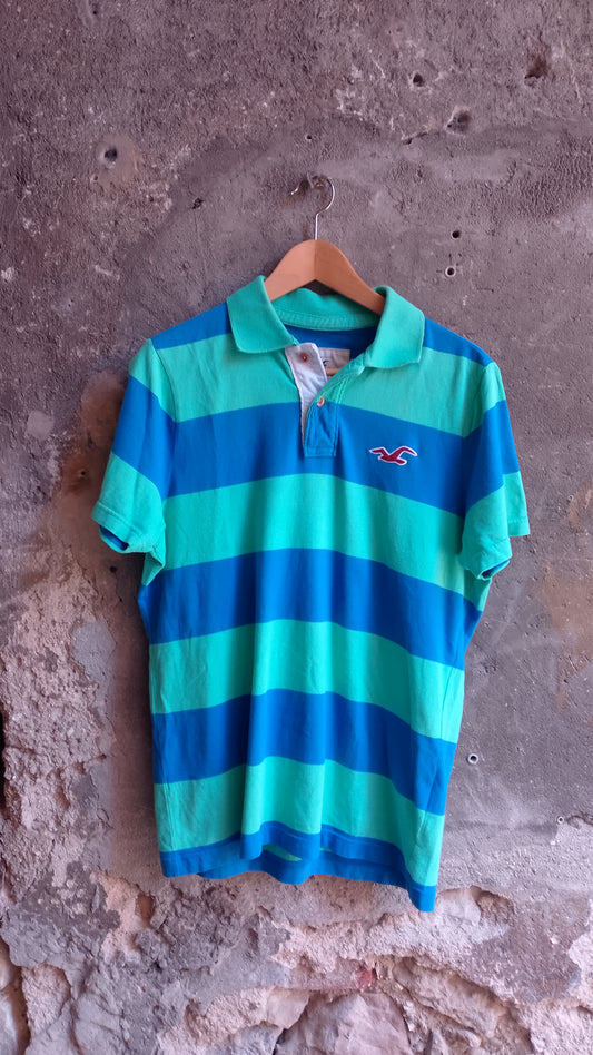Polo Uomo Maniche Corte Hollister California a Righe Grandi Blu e Verde Acqua Logo Gabbiano Ricamato Casual Taglia L