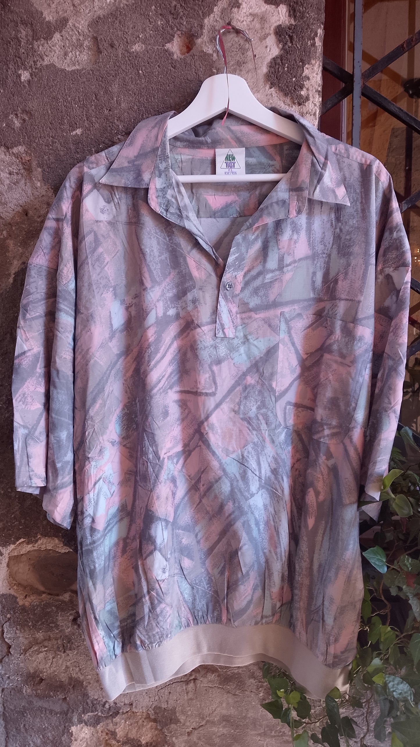 Polo Uomo Vintage Anni 80 New Fast Blusa Elastico in Vita Stampa Astratta Rosa Grigio Menta Taglia XL