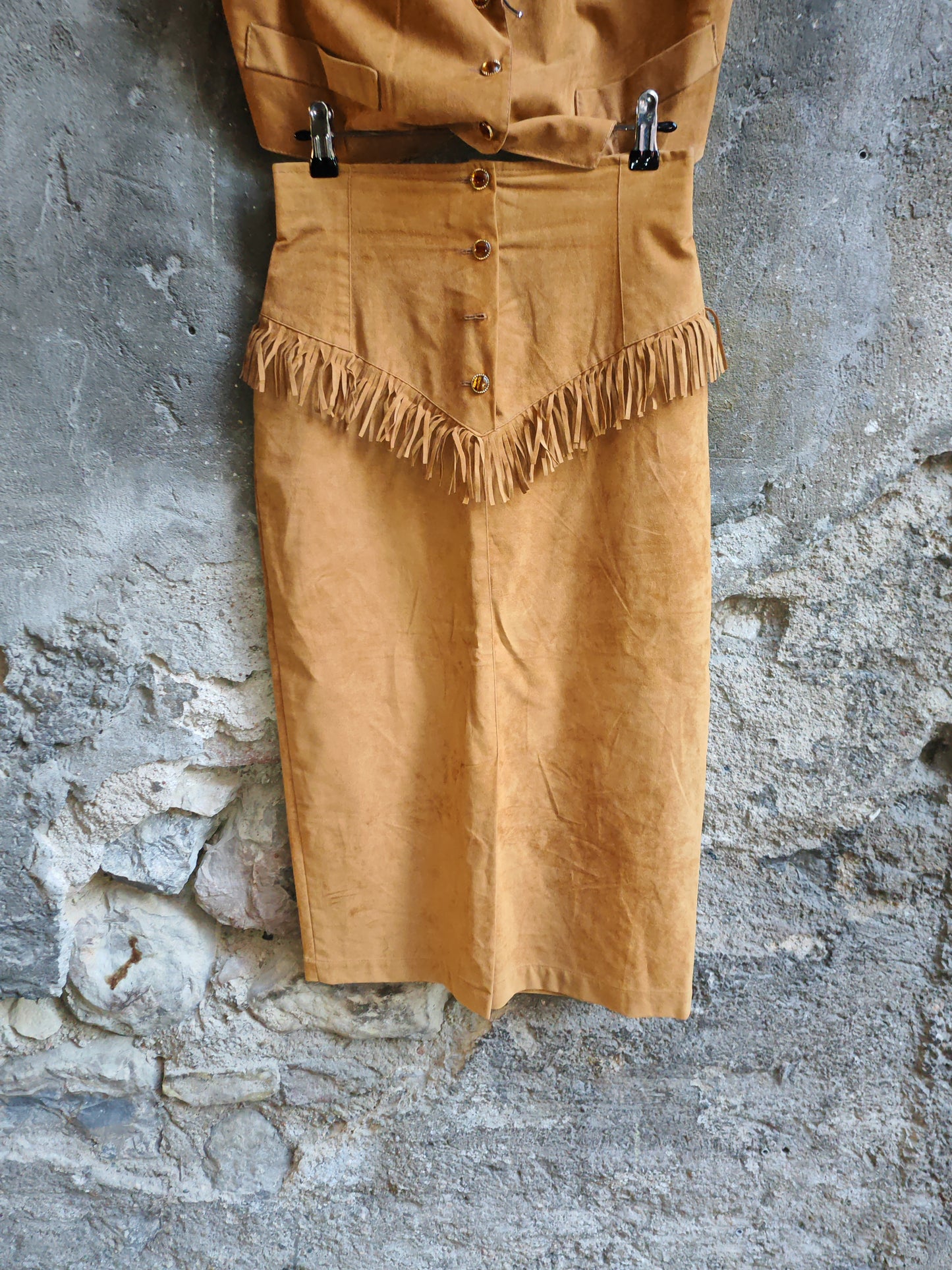 Completo Vintage Western Donna Gilet + Gonna con Frange Effetto Camoscio Beige