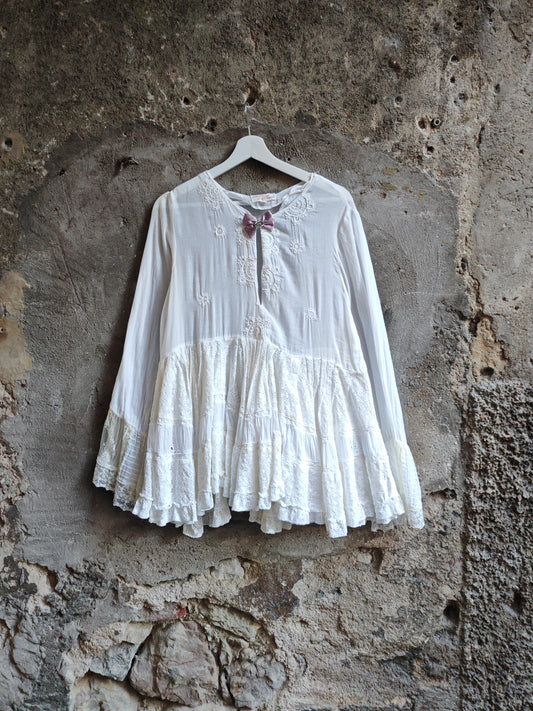 Blusa Donna Vintage Secret Secret Bianca con Pizzo e Fiocco Taglia S
