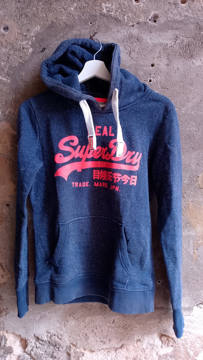 Superdry Felpa Blu Notte Melange con Cappuccio e Logo Rosa Fluo Donna Taglia S