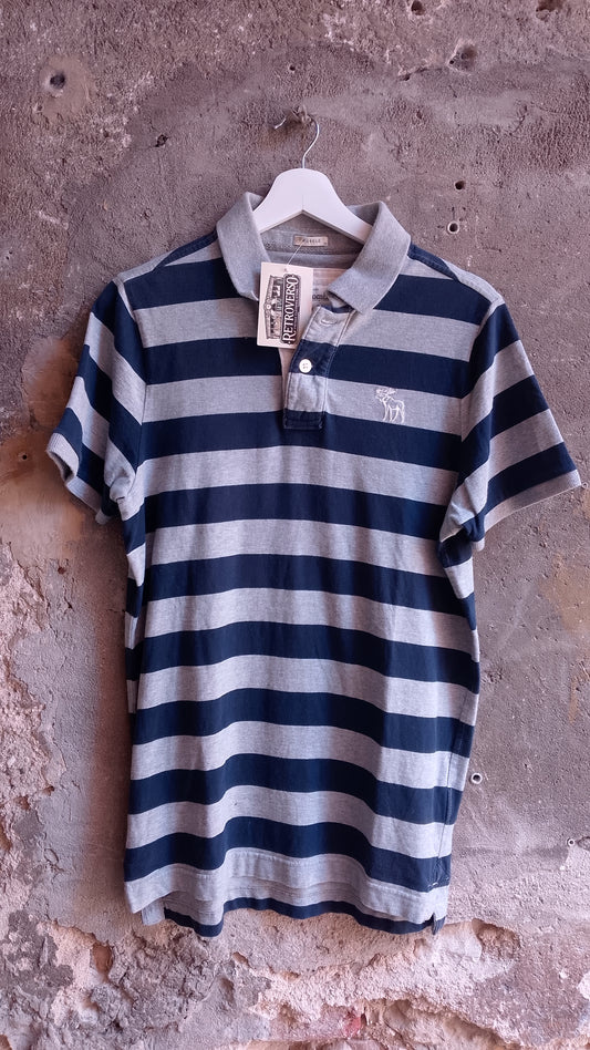 Polo Uomo Abercrombie & Fitch a Righe Grigio e Blu Navy Maniche Corte Logo Alce Taglia M Muscle Fit