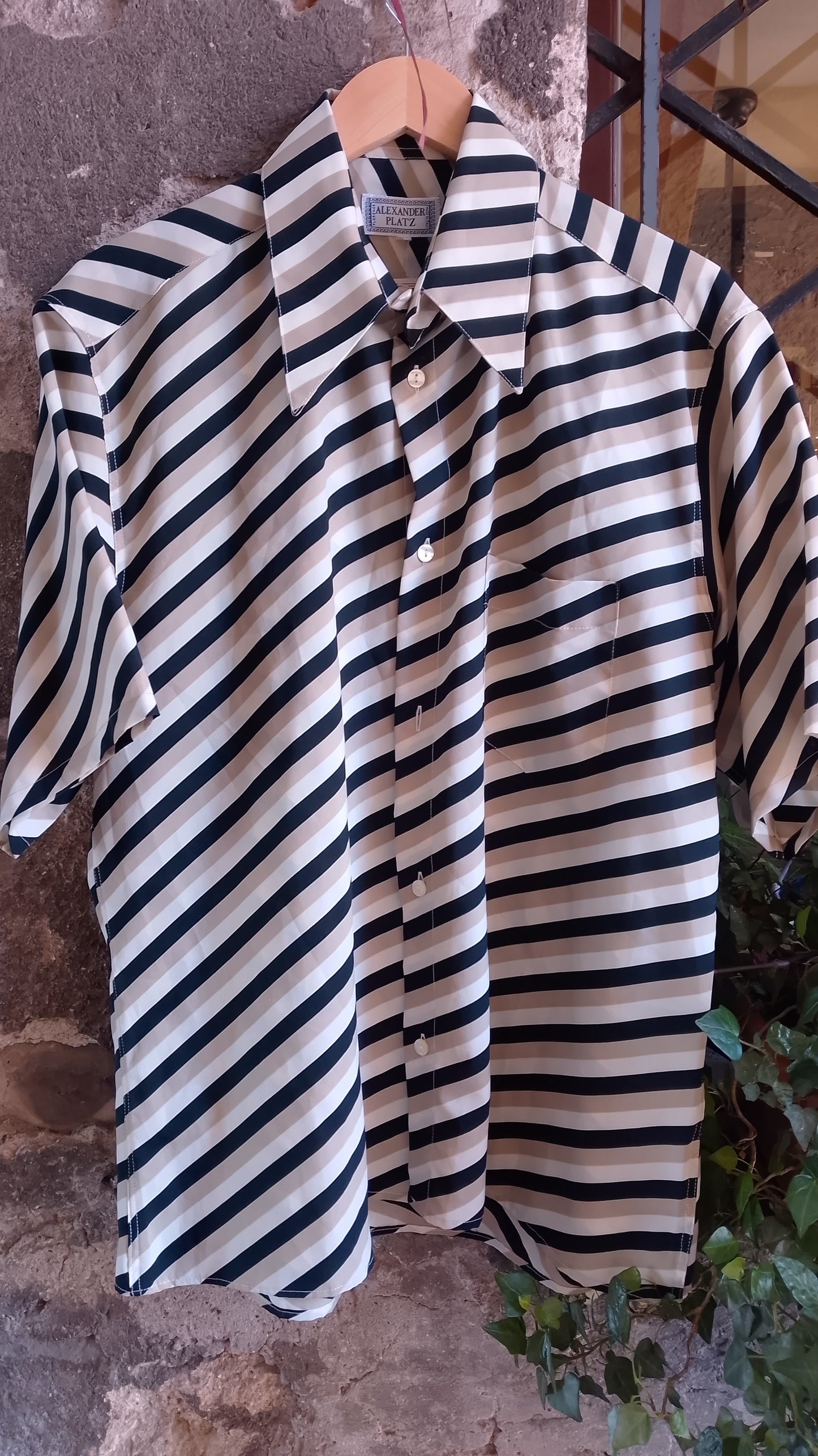 Camicia Uomo Mezza Manica Vintage Anni 70 Alexander Platz Righe Optical Nero Beige Made in Italy Taglia L