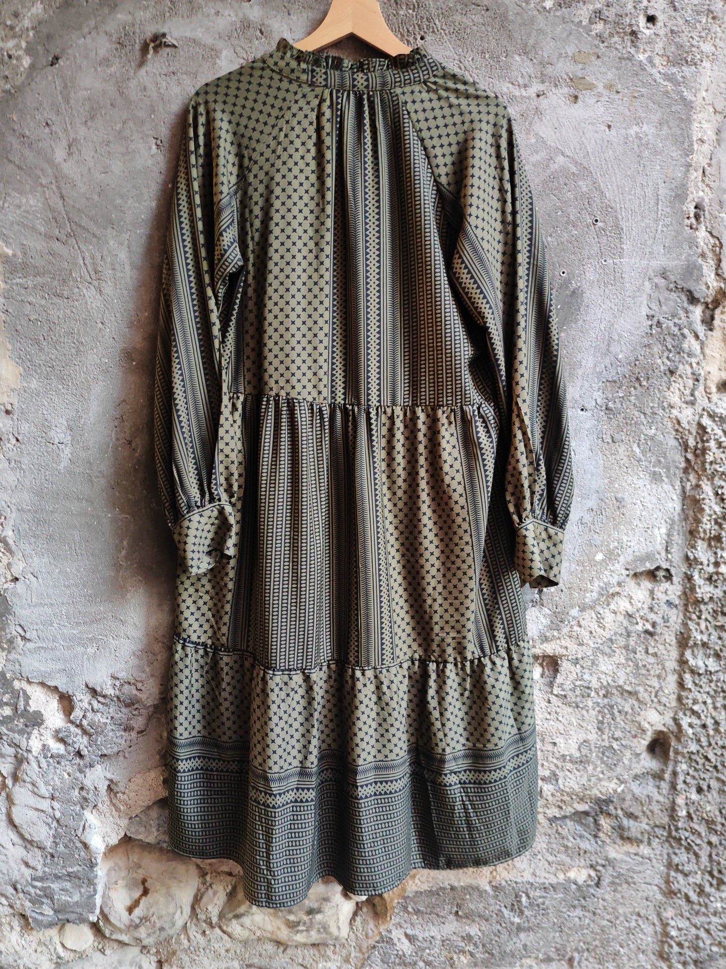 Abito Vintage ONLY Donna Fantasia Geometrica Boho Verde Oliva Taglia 38