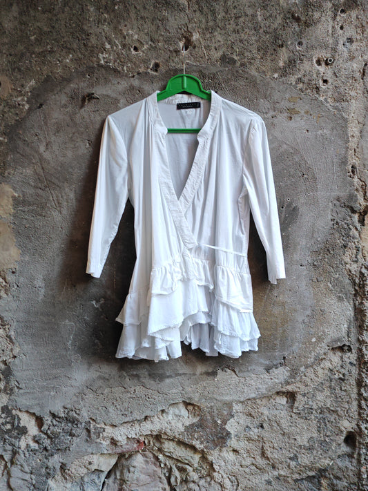 Blusa Twin-Set Simona Barbieri Bianca Asimmetrica con Volant Donna