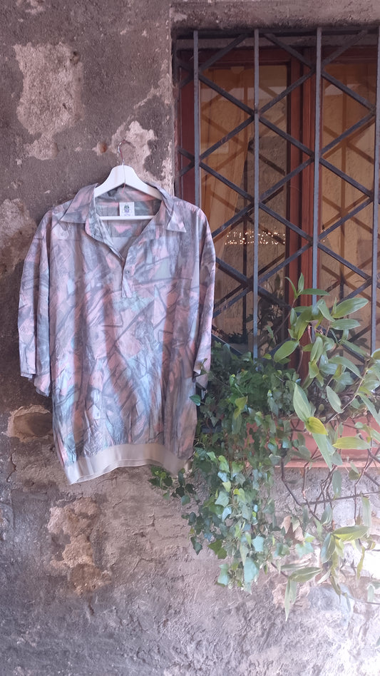 Polo Uomo Vintage Anni 80 New Fast Blusa Elastico in Vita Stampa Astratta Rosa Grigio Menta Taglia XL