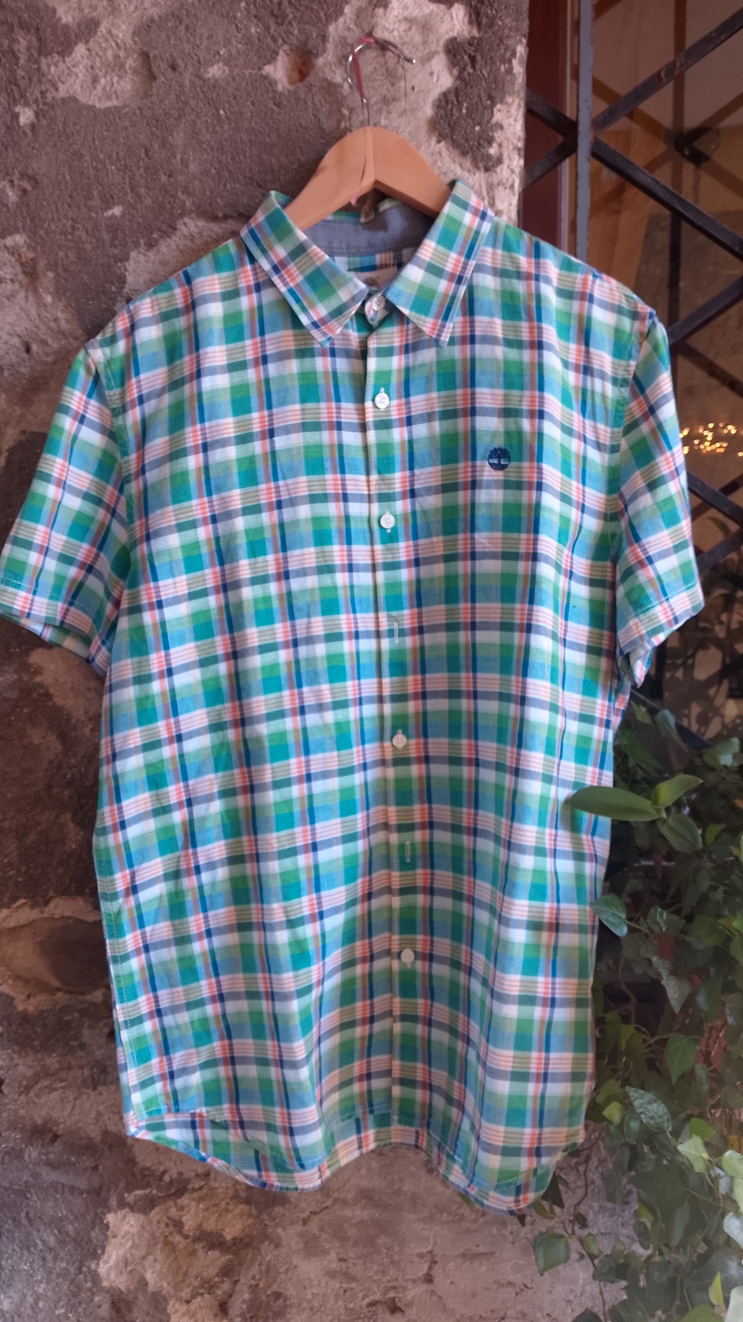 Camicia Uomo Mezza Manica Misto Lino Quadri Verde Timberland Slim Fit Taglia XL - Vintage Ottimo Stato