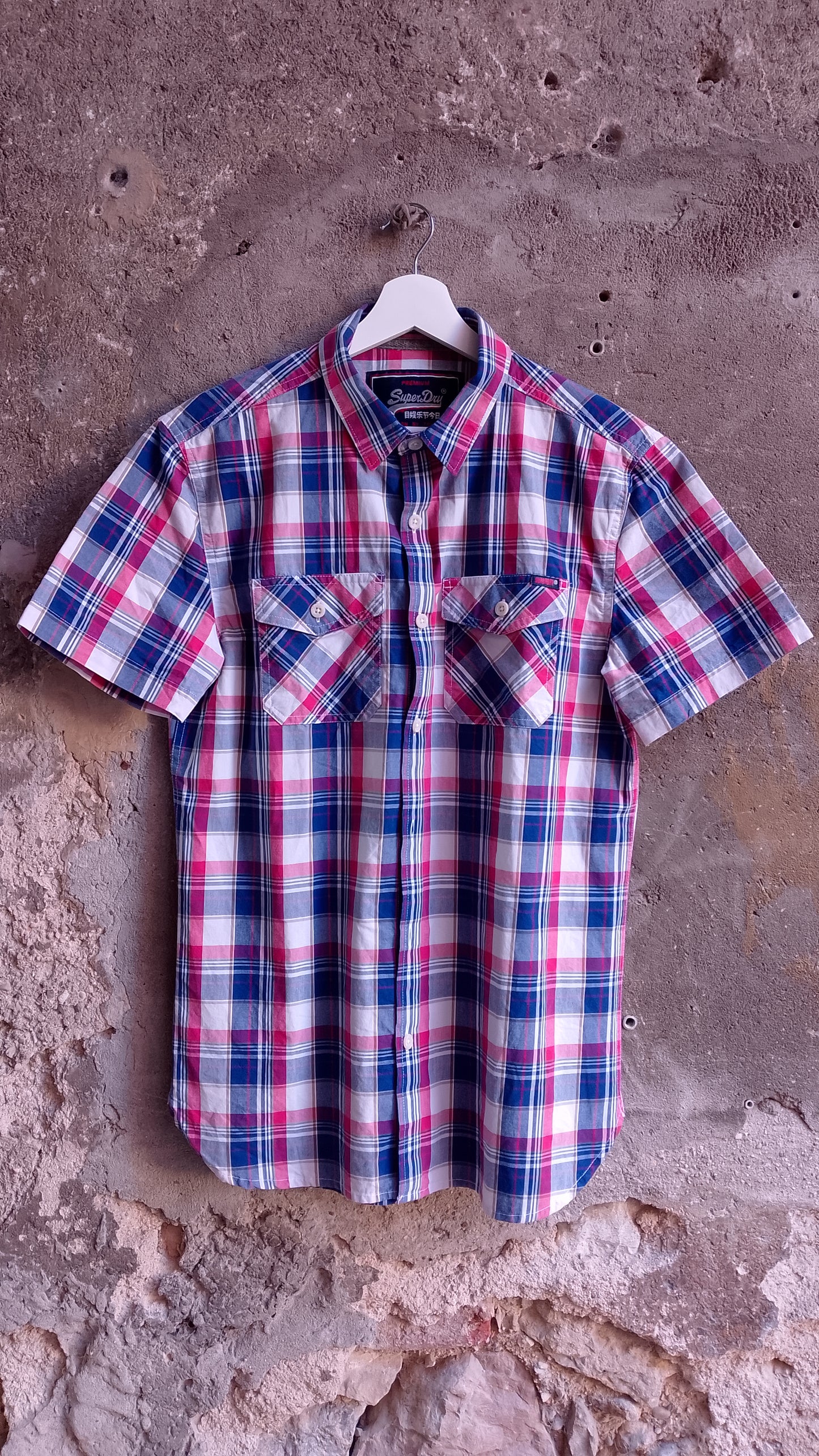 Camicia Uomo Mezza Manica Quadri Fucsia e Blu Superdry Taglia S - Vintage Ottimo Stato